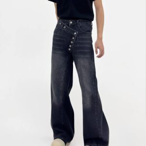 Irregular Button-Wash Straight-Leg Denim Pants - Loose Wide-Leg Casual Trousers for 90s Retro Style