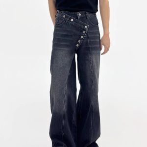 Irregular Button-Wash Straight-Leg Denim Pants - Loose Wide-Leg Casual Trousers for 90s Retro Style