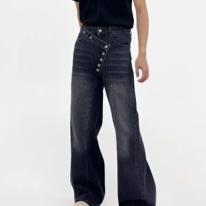 Irregular Button-Wash Straight-Leg Denim Pants - Loose Wide-Leg Casual Trousers for 90s Retro Style