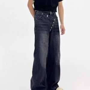 Irregular Button-Wash Straight-Leg Denim Pants - Loose Wide-Leg Casual Trousers for 90s Retro Style