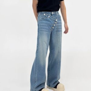 Irregular Button-Wash Straight-Leg Denim Pants - Loose Wide-Leg Casual Trousers for 90s Retro Style