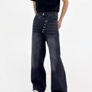 Irregular Button-Wash Straight-Leg Denim Pants - Loose Wide-Leg Casual Trousers for 90s Retro Style