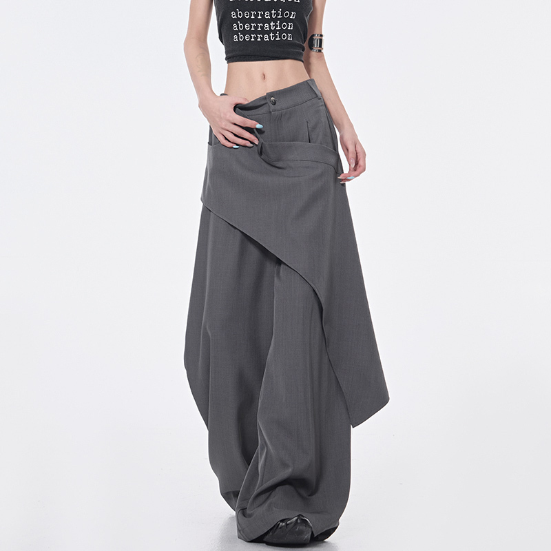 Irregular Diagonal Spliced Suit Pants for Women - High-Waisted Straight Draped Long Pants - Summer Fashion Trend