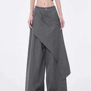 Irregular Diagonal Spliced Suit Pants for Women - High-Waisted Straight Draped Long Pants - Summer Fashion Trend