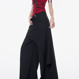 Irregular Faux Two-Piece Spliced Suit Pants for Women - Summer High-Waisted Straight Drape Trousers, Chic Korean Style Fashion