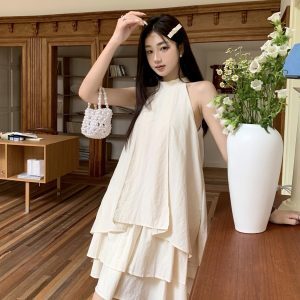 Irregular Halter Sleeveless Top Dress in White - French Vacation Style, Clean Fit, Chic Summer Fashion