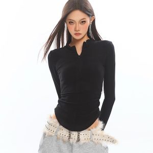 Irregular Hem Slim Fit T-Shirt for Women - Pure Desire Autumn Winter Basic Layering Top, Hot Girl Style, Casual Chic Fashion