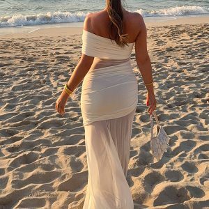 Irregular Mesh Splicing One-Shoulder Strapless Dress - Sexy Fitted Long Skirt in European and American Style