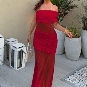 Irregular Mesh Splicing One-Shoulder Strapless Dress - Sexy Fitted Long Skirt in European and American Style