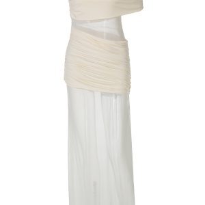 Irregular Mesh Splicing One-Shoulder Strapless Dress - Sexy Fitted Long Skirt in European and American Style