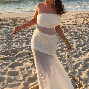 Irregular Mesh Splicing One-Shoulder Strapless Dress - Sexy Fitted Long Skirt in European and American Style