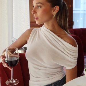 Irregular Off-Shoulder Crop Top for Women, Pleated High-Waisted Stretchy T-Shirt, Versatile Summer Fashion, Chic Casual Style