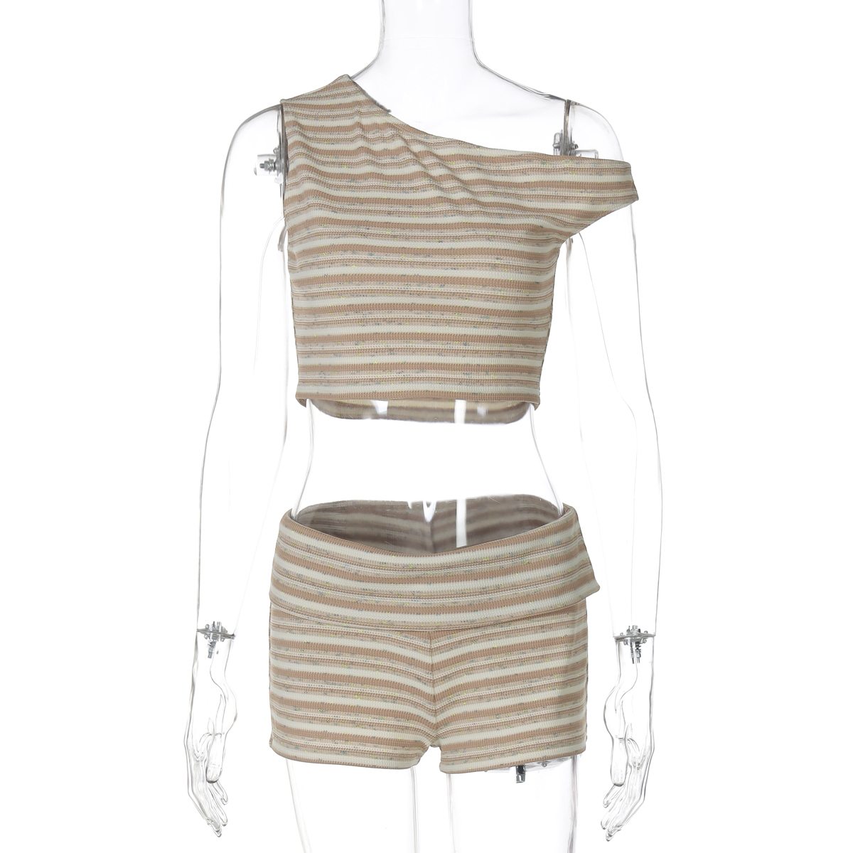 Irregular Off-Shoulder Striped Printed Vest Top & Folded Shorts Fashion Set for Women - Summer Spicy Girl Style, Y2K Trend