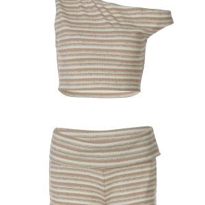 Irregular Off-Shoulder Striped Printed Vest Top & Folded Shorts Fashion Set for Women - Summer Spicy Girl Style, Y2K Trend