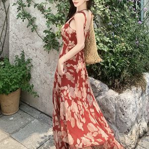 Irregular Red Floral Spaghetti Strap Dress for Women - Vintage French Style Summer Dress, Yunnan Vacation Look