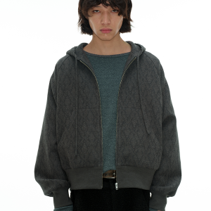 Jacquard Zipper Hoodie with Short Wide Raglan Sleeves and Drawstring Pleats - Stylish Textured Layering Piece
