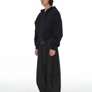 Jacquard Zipper Hoodie with Short Wide Raglan Sleeves and Drawstring Pleats - Stylish Textured Layering Piece