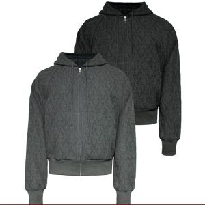 Jacquard Zipper Hoodie with Short Wide Raglan Sleeves and Drawstring Pleats - Stylish Textured Layering Piece