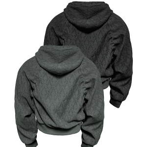Jacquard Zipper Hoodie with Short Wide Raglan Sleeves and Drawstring Pleats - Stylish Textured Layering Piece