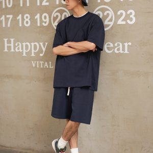 Japanese Street Style Loose Fit Solid Color Short Sleeve T-Shirt for Men - Basic Round Neck Heavyweight Cotton Pocket Tee