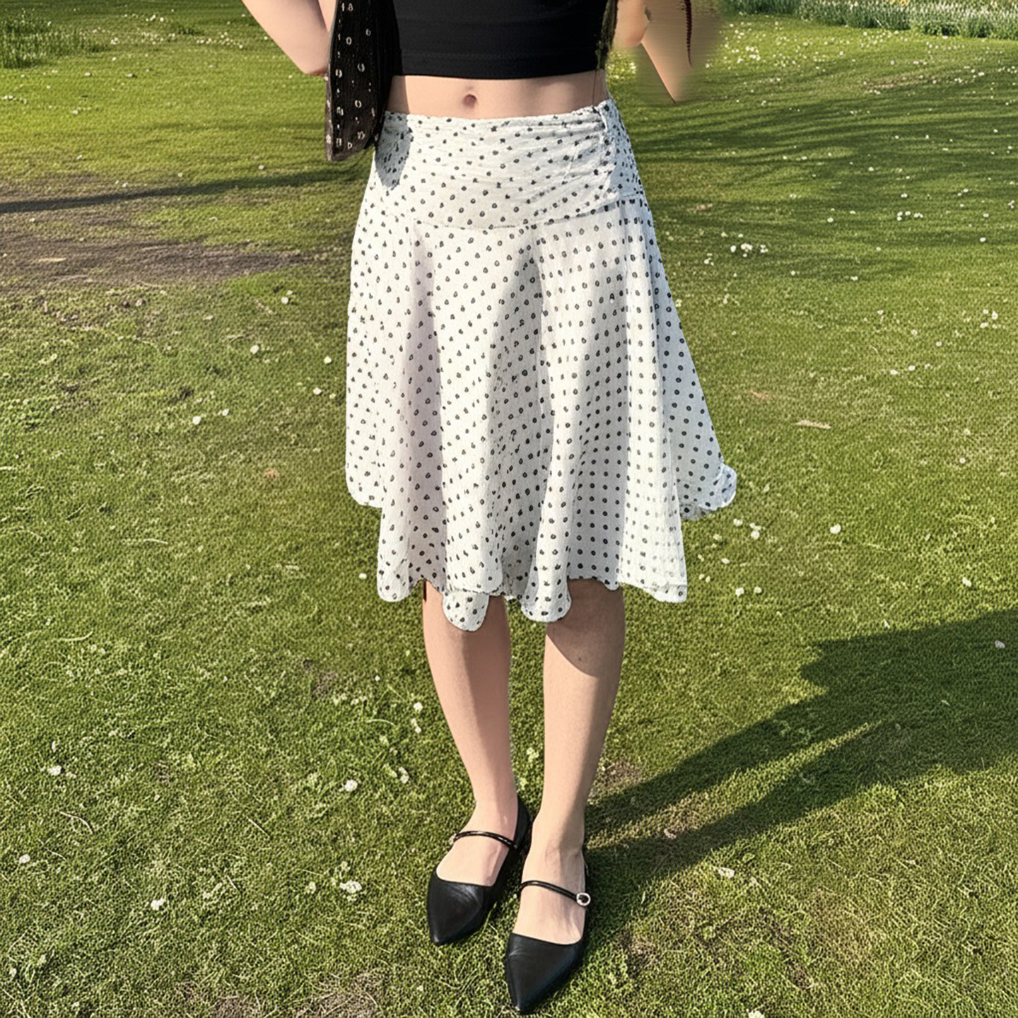 Japanese-Style Artistic Pleated Low-Waist Color-Blocked Polka Dot Midi Skirt - Retro Romantic Versatile Summer Fashion