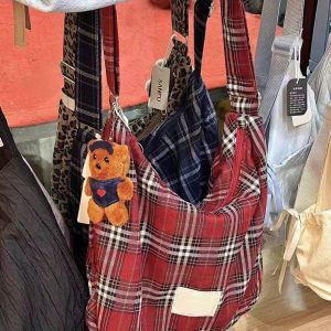 Japanese-Style Checkered Canvas Bag 2024 - Versatile Large Capacity Commuting Shoulder Crossbody Tote