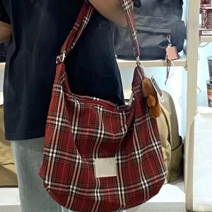 Japanese-Style Checkered Canvas Bag 2024 - Versatile Large Capacity Commuting Shoulder Crossbody Tote