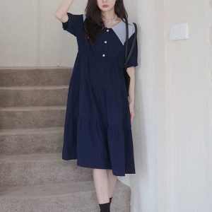 Japanese-Style Doll Collar Dress for Women, Summer 2025, Slimming Long Dress, College Wind, Age-Reducing, Flattering for Curvy Figures