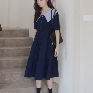 Japanese-Style Doll Collar Dress for Women, Summer 2025, Slimming Long Dress, College Wind, Age-Reducing, Flattering for Curvy Figures