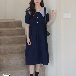 Japanese-Style Doll Collar Dress for Women, Summer 2025, Slimming Long Dress, College Wind, Age-Reducing, Flattering for Curvy Figures