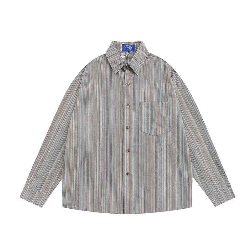 Japanese-Style Retro Striped Long Sleeve Shirt for Women - Loose Fit Workwear Jacket for Spring and Autumn, Casual Couple's Fashion