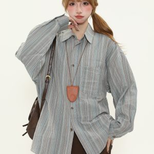 Japanese-Style Retro Striped Long Sleeve Shirt for Women - Loose Fit Workwear Jacket for Spring and Autumn, Casual Couple's Fashion