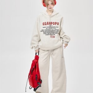 Japanese-Style Slim-Fit Gray Hoodie Set for Women with High-Waisted Wide-Leg Sweatpants - Casual Spring Autumn Fashion