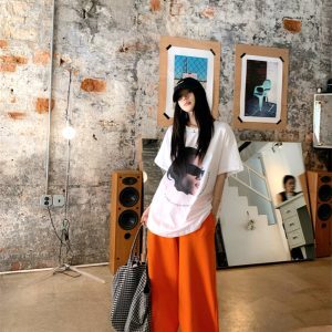 Jazz Dance Outfit with Personality Print Top and Orange Pants - K-Pop Style Square Dance Set for Girls