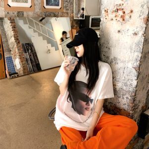 Jazz Dance Outfit with Personality Print Top and Orange Pants - K-Pop Style Square Dance Set for Girls