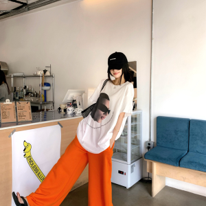 Jazz Dance Outfit with Personality Print Top and Orange Pants - K-Pop Style Square Dance Set for Girls