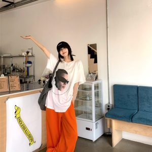 Jazz Dance Outfit with Personality Print Top and Orange Pants - K-Pop Style Square Dance Set for Girls