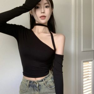 K-pop Inspired Off-Shoulder Tie-Up Top for Music Festivals, Sweet and Spicy Stretchy Outerwear, Early Autumn Fashion