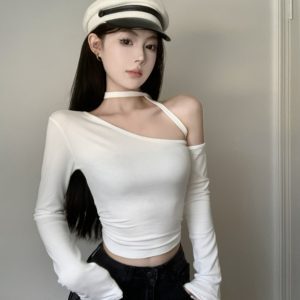 K-pop Inspired Off-Shoulder Tie-Up Top for Music Festivals, Sweet and Spicy Stretchy Outerwear, Early Autumn Fashion