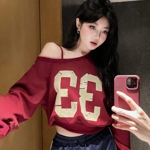 K-pop Inspired Red Hoodie Dance Top for Girls - Jazz Dance Performance Attire, Trendy Streetwear