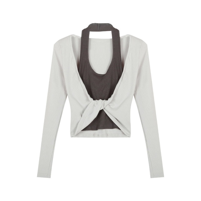 K-pop Inspired Sweet and Spicy Fake Two-Piece Halter Neck Twisted Long Sleeve Top with Elastic Waist Splicing for Girls