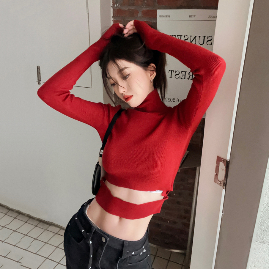 K-Pop Inspired Women's Red Knitted Sweater Top for Jazz Dance, Music Festival Outfit, Unique Spring and Autumn Style