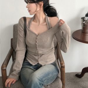 Khaki Basic Versatile Brushed Knit T-Shirt Two-Piece Set for Women, Slim-Fit Button-Up Cropped Top, Stylish Casual Everyday Wear