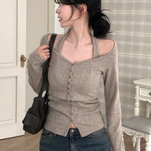 Khaki Basic Versatile Brushed Knit T-Shirt Two-Piece Set for Women, Slim-Fit Button-Up Cropped Top, Stylish Casual Everyday Wear