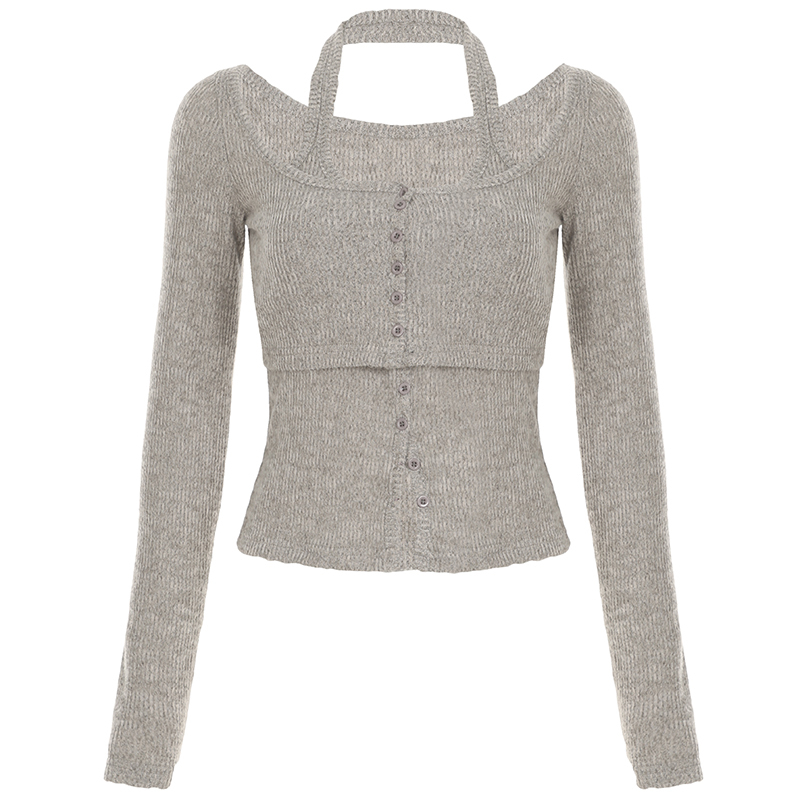 Khaki Basic Versatile Brushed Knit T-Shirt Two-Piece Set for Women, Slim-Fit Button-Up Cropped Top, Stylish Casual Everyday Wear
