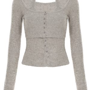 Khaki Basic Versatile Brushed Knit T-Shirt Two-Piece Set for Women, Slim-Fit Button-Up Cropped Top, Stylish Casual Everyday Wear