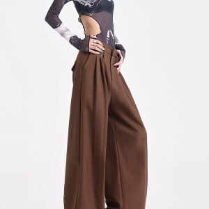 Khaki Pleated Design Suit Pants for Women - Draped Floor-Length Casual Style for Early Autumn Fashion