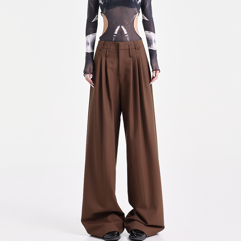 Khaki Pleated Design Suit Pants for Women - Draped Floor-Length Casual Style for Early Autumn Fashion