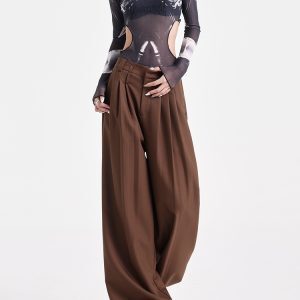 Khaki Pleated Design Suit Pants for Women - Draped Floor-Length Casual Style for Early Autumn Fashion
