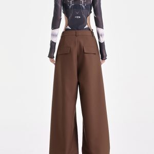 Khaki Pleated Design Suit Pants for Women - Draped Floor-Length Casual Style for Early Autumn Fashion